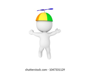 3D Character Lifting Up By Way Of Propeller Hat. Isolated On White.
