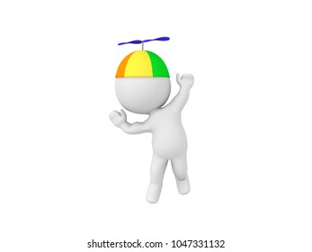 3D Character Lifting Up By Wearing Propeller Hat. Isolated On White.
