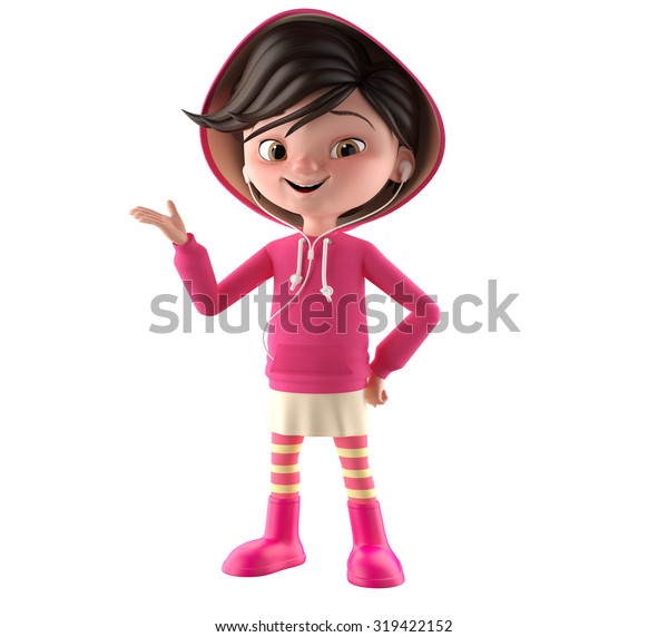 3dキャラクター 女の子 黒い髪のシンプルなスタイルの女性のフィギュア フードと縞柄のタイツを着たピンクのスウェットシャツ ヘッドフォンと笑顔のアイコン モバイルで音楽を聴く のイラスト素材