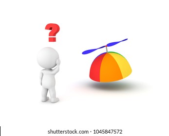  3D Character Looking Confused At Propeller Hat. Isolated On White.
