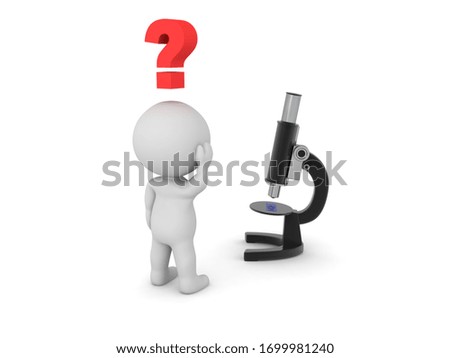 3D Character looking curious at microscope. 3D Rendering isolated on white.