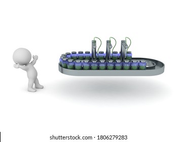 3D Character Looking Excited At Medical Assembly Line. 3D Rendering Isolated On White. 