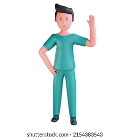 3d Character Male Nurse Illustration Waving Hand Pose