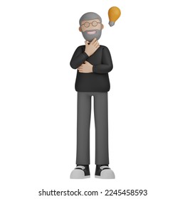 3D Character Man Thinking with a Bulb 3d illustration isolated white background