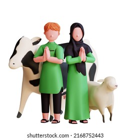 3d Character Muslim Couple Celebrate Eid Al Adha Mubarak With Sheep And Cow