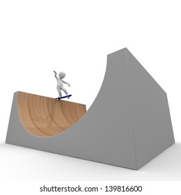 A 3D character on a halfpipe.