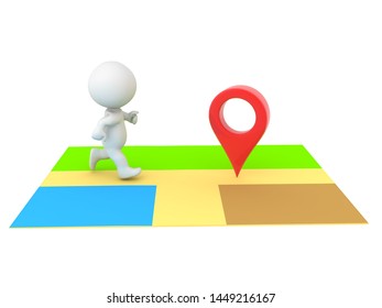 3D Character on online map running towards location pin. 3D Rendering isolated on white.