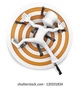3d character on a target surrounded by knives