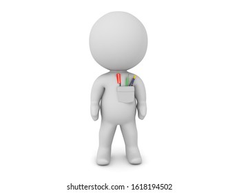 3D Character With Pocket Protector. 3D Rendering Isolated On White.