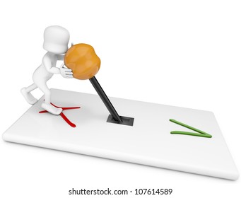 3d character pushing a switch to the position of true