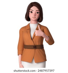 3D Character render. portrait, half body of young woman with formal dressed, showing thumbs up using right hand