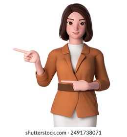 3D Character render. portrait, half body of young woman with formal dressed, pointing to left side using both hands
