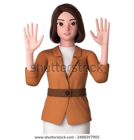 3D Character render. portrait, half body of  young woman with formal dressed, raising her both hands for high-five gesture. greeting pose.