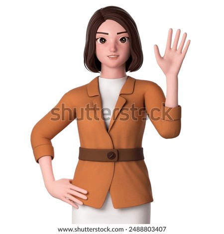 3D Character render. portrait, half body of young woman with formal dressed, raising her right hand for high-five gesture. greeting pose.
