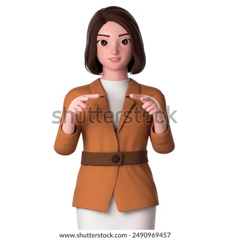 3D Character render. portrait, half body of young woman with formal dressed, pointing to front side using both hands