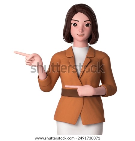 3D Character render. portrait, half body of young woman with formal dressed, pointing to left side using both hands