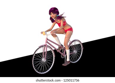 A 3D character rides her bike