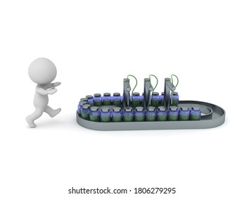 3D Character Running Towards Vaccine Assembly Line. 3D Rendering Isolated On White. 