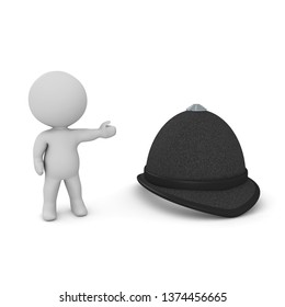 3D Character Showing British Police Hat. 3D Rendering Isolated On White.