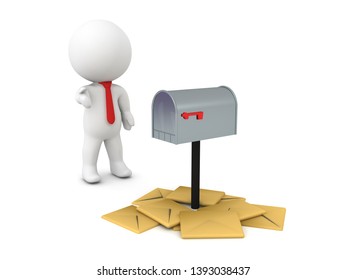 3D Character Showing Pile Junk Mail Around Mailbox. 3D Rendering Isolated On White.