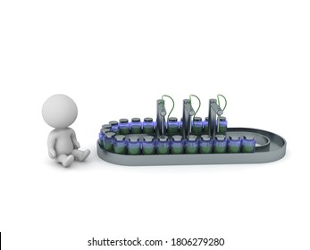 3D Character Sitting Next To Vaccine Assembly Line. 3D Rendering Isolated On White. 