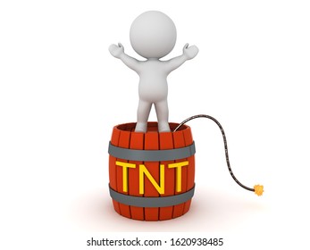3D Character standing on top of tnt powder keg. 3D Rendering isolated on white.