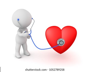 3D Character With Stethoscope Checkin Up Heart. Isolated On White.
