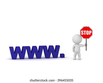 3D Character With A Stop Sign Next To A WWW Text. Blocked Website Concept. Isolated On White Background.