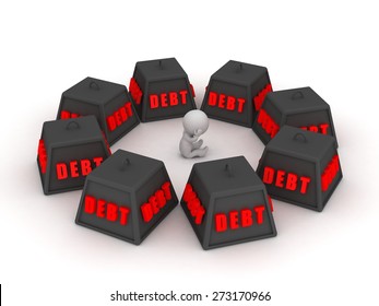 3D Character surrounded by debt 
