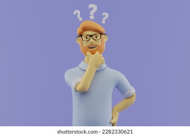 3d character with thinking pose. character with thinking gesture with question mark icon. think to solve the problem. concept of finding a solution. cute cartoon, 3d illustration, 3d rendering.