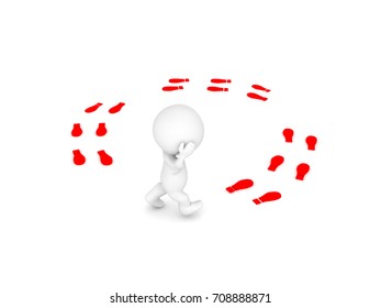 3D Character walking in  circles and thinking. Isolated on white.