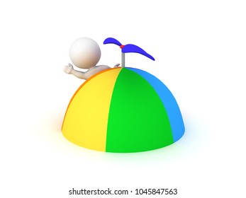 3D Character Waving From Behind Giant Propeller Hat. Isolated On White.
