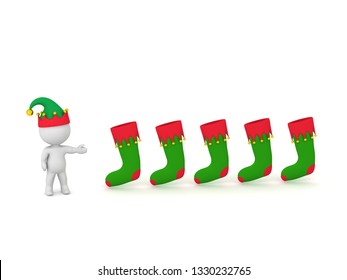 3D Character Wearing Elf Hat Showing A Row Of Christmas Stockings. Isolated On White Background.