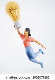 3d character woman is flying with a huge lightbulb. Creative concept. 3d rendering