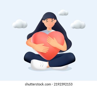 3D character woman sitting in lotus pose, meditate. Girl Holding huge red heart and meditation, self confidence, mental health and self growth. Psychology, freedom and life, body positive. 3D - Powered by Shutterstock