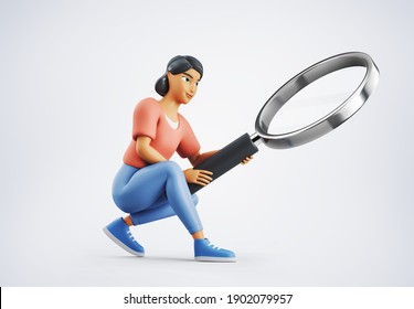 3d character woman is sitting with Magnifying glass. 3d rendering