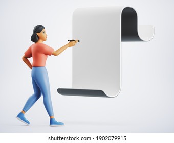 3d Character Woman Is Writing On A Paper Scroll Icon. 3d Rendering