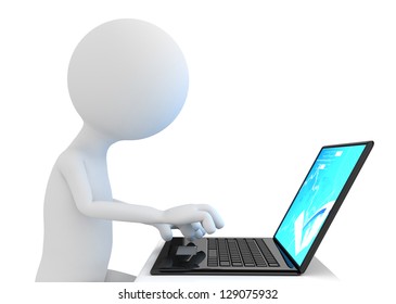 3d Character Working On Computer. On White Background