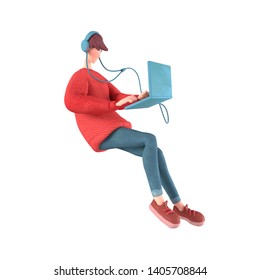 3d character of a young cartoon guy with headphones listening to music floating in the air. Teen boy in a red sweater surfs the Internet on the computer. 