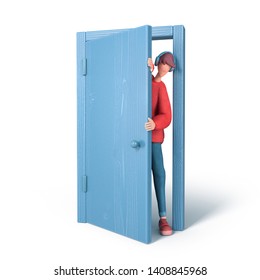 3d Character Of A Young Cartoon Guy With Headphones Peeking Out Of The Open Room Door. Teen Boy In A Red Sweater And Blue Jeans Looks Out Of The Blue Door. 3d Rendering Isolated On A White Background.