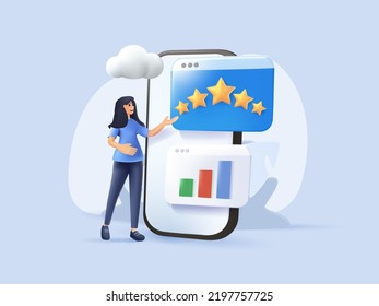 3D Characters Giving Five Star Feedback. Customer Service. Customer Review Concepts. Ecommerce Reviews Stars With Good And Bad Rate. 3D Web Illustrations. 3D Render Illustration