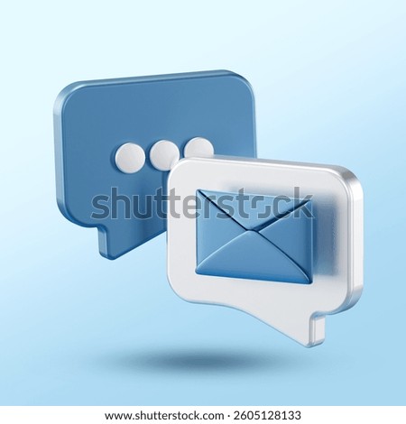 3D chat bubble with typing dots and another bubble containing a blue envelope, floating on a light blue background. Represents digital messaging and email communication.