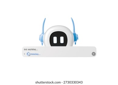 3d chatbot interface icon. ai assistant concept. minimal cartoon robot mascot prompt bar for website hero banner marketing. isolated on white transparent background. 3d render.