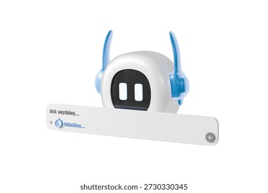 3d chatbot interface icon. ai assistant concept. minimal cartoon robot mascot prompt bar for website hero banner marketing. isolated on white transparent background. 3d render.