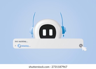 3d chatbot interface icon. ai assistant concept. minimal cartoon robot mascot prompt bar for website hero banner marketing. isolated on white transparent background. 3d render.