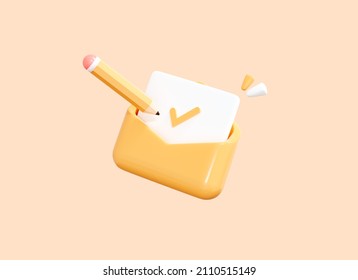 3D Check Mark Icon In Letter Envelope  With Pen. Confirmed Document Or Email. Approved Paper. Realistic Cartoon Icon Elements Isolated On Background. Yellow. 3D Rendering