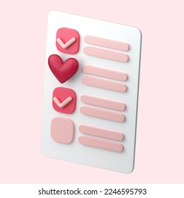 3d checkbox list hearts icon. Concept of love day, Valentines day, likes, wedding event. 3d high quality render isolated - Powered by Shutterstock