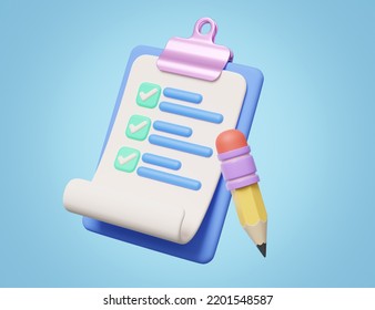 3d Checklist And Pencil On Blue Background. Confirmed Or Approved Document Icon. Beige Clipboard With Paper Sheets With Check Marks Symbol. Cartoon Icon Minimal Style. 3d Render With Clipping Path.