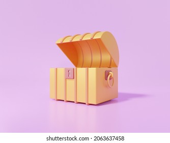 Icono de oro del pecho 3D sobre fondo morado. El concepto de caja del tesoro abierto. Caricatura mínima linda suave. 3.ª ilustración de representación