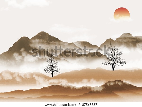 3d Chinese landscape mural art wallpaper. black trees and brown mountains with sunset office wall murals. . 